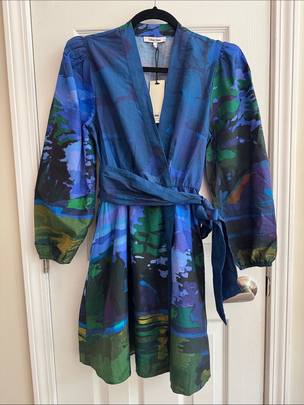 CELINA MOON Carly Wrap Dress Abstract Nature Print Blue Green Size Small NWT